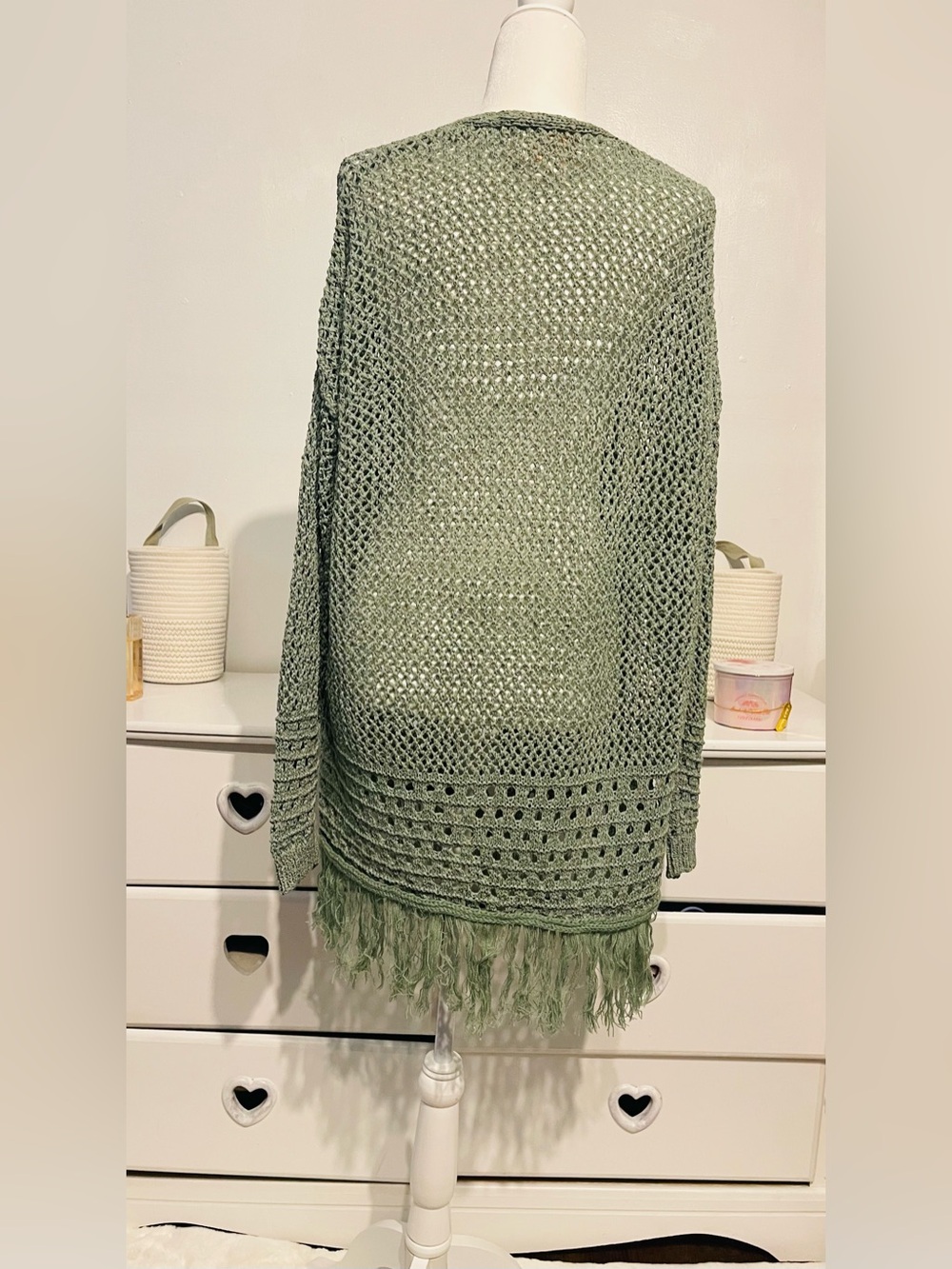 Audrey parks boho Lightweight Olive Green Crochet Fringe Cardigan Sweater L - Picture 3 of 14